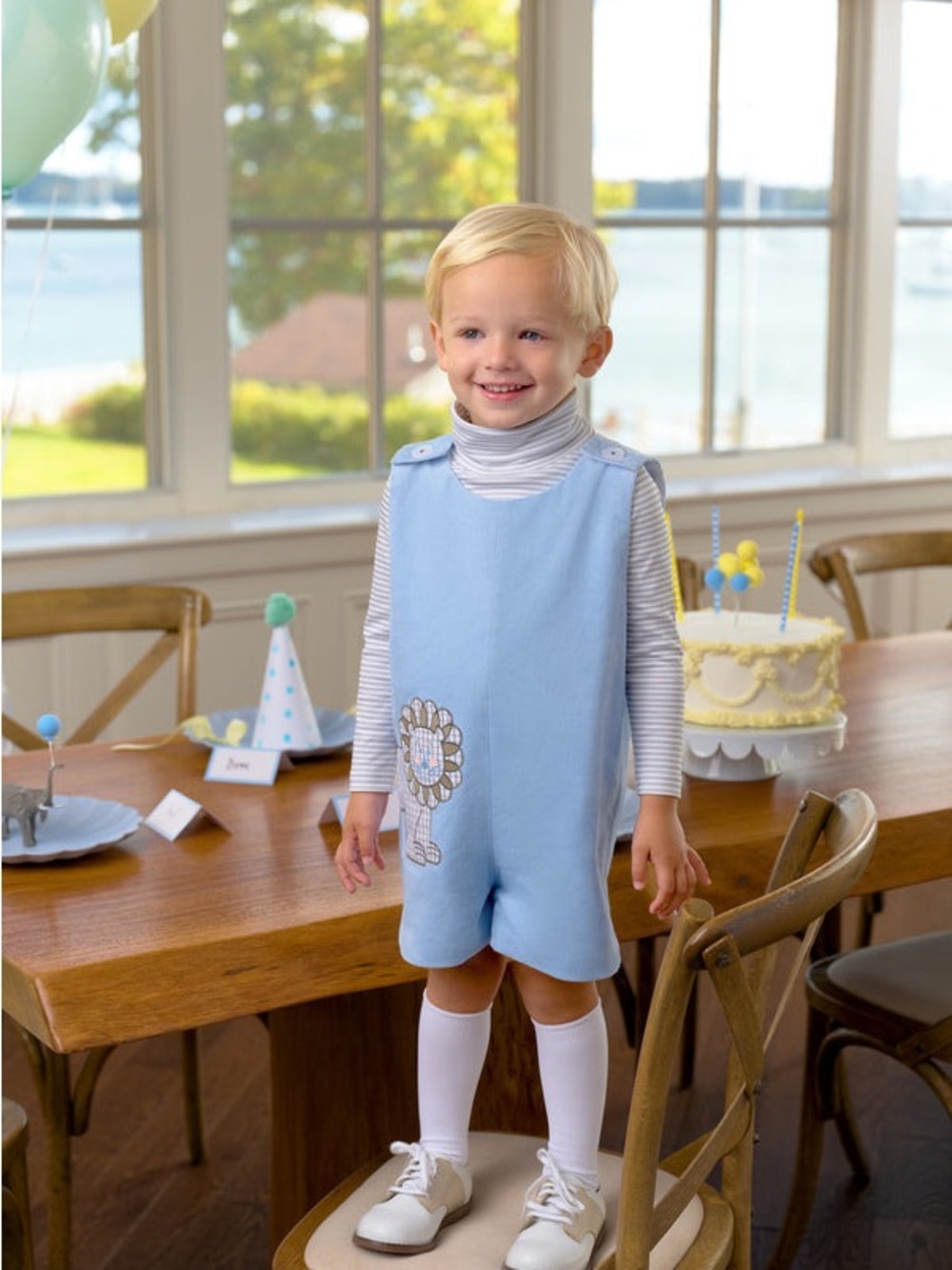 Blue Corduroy Baby Romper with Lion Applique